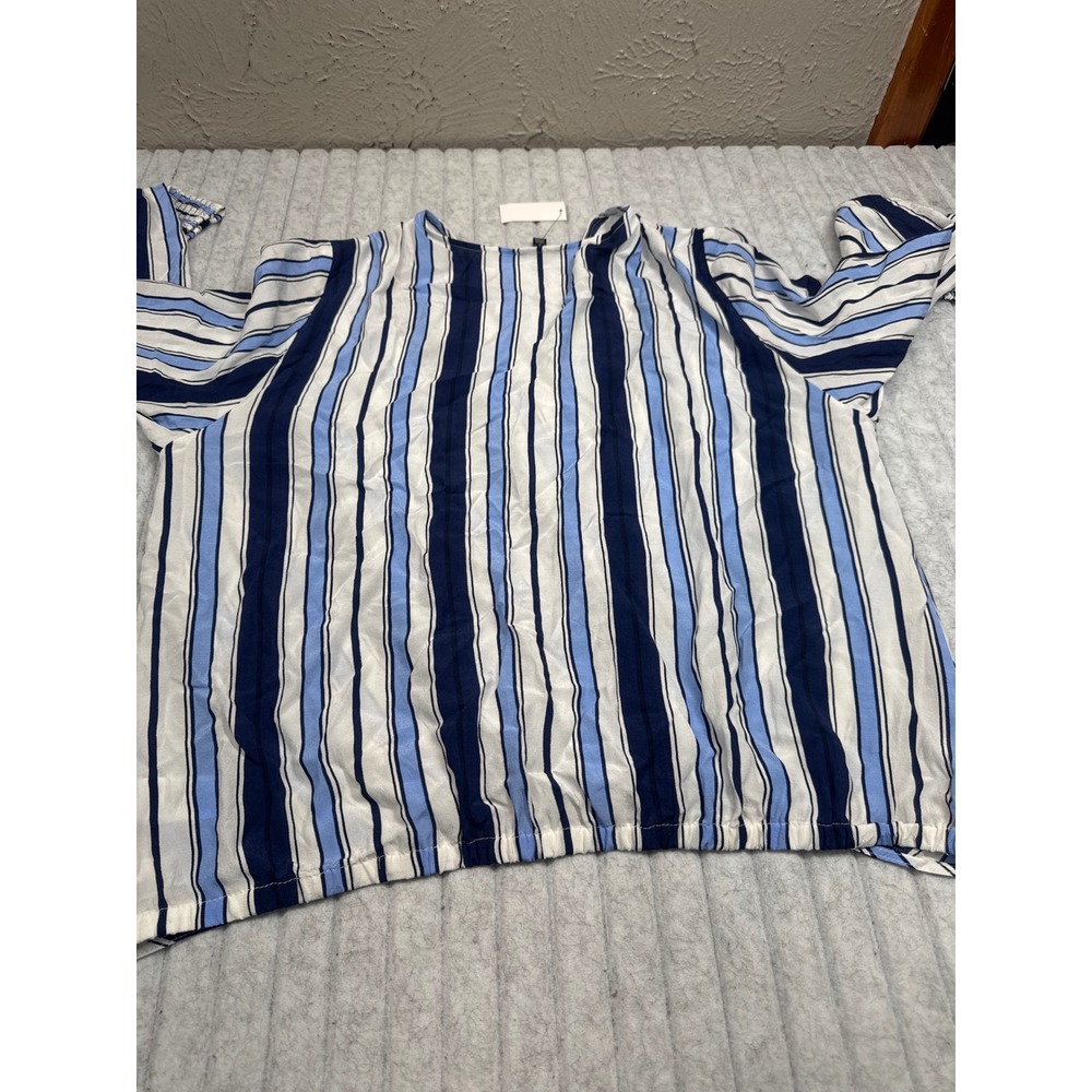 Talbots Blue White Striped Wrap Front Blouse Smocked Cuff Top Large NWT - Picture 5 of 6